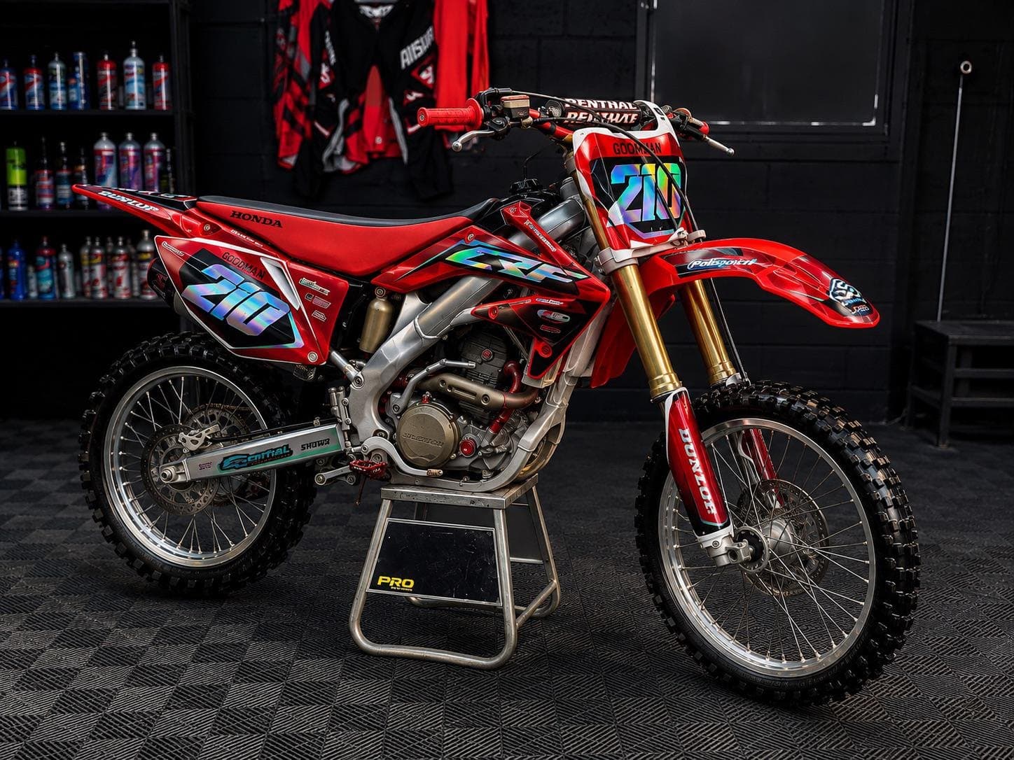 The Honda CRF 250 from the front three-quarter, showing the number board and forks